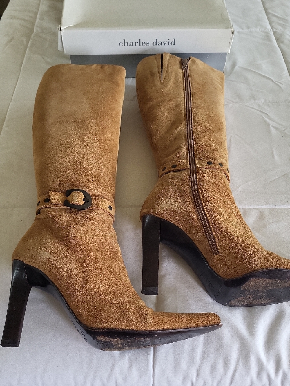 Vintage Charles David Suede Tall Heeled Boots with Buckles and leather soles